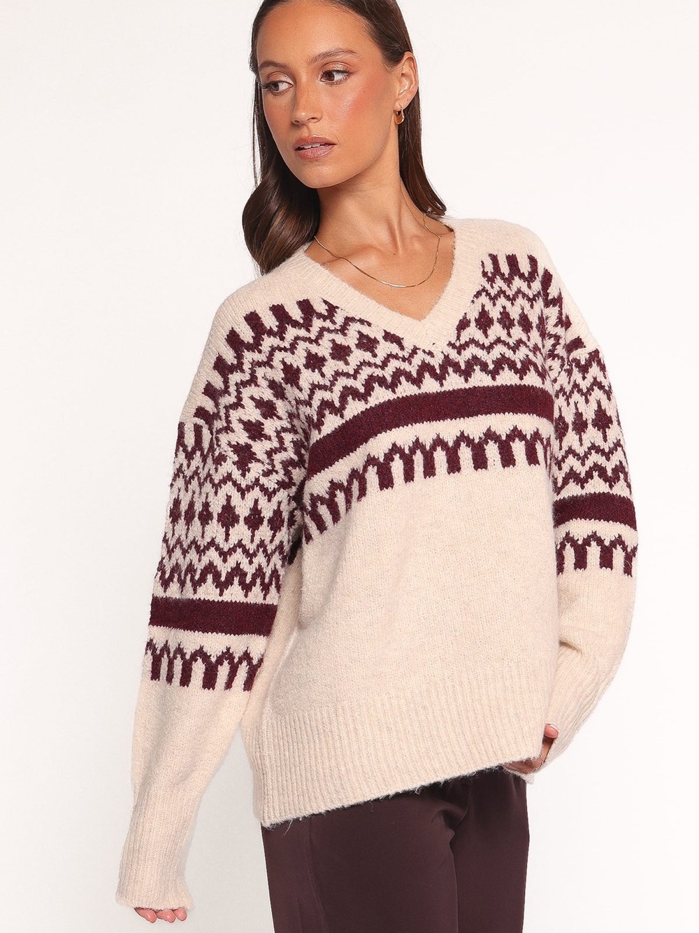 Petal & Pup Cream Astrid V-Neck Sweater with Burgundy Fair Isle